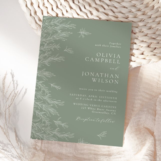 Modern Sage Green Minimal Leaves Wedding Invitation (Creator Uploaded)