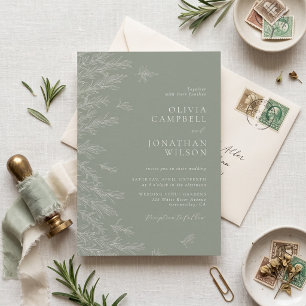 Modern Sage Green Minimal Leaves Wedding Invitation