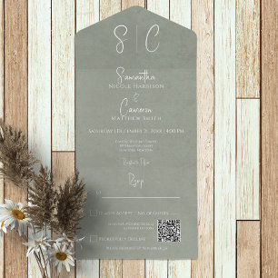 Modern Sage Green Minimal Monogram QR Code All In One Invitation