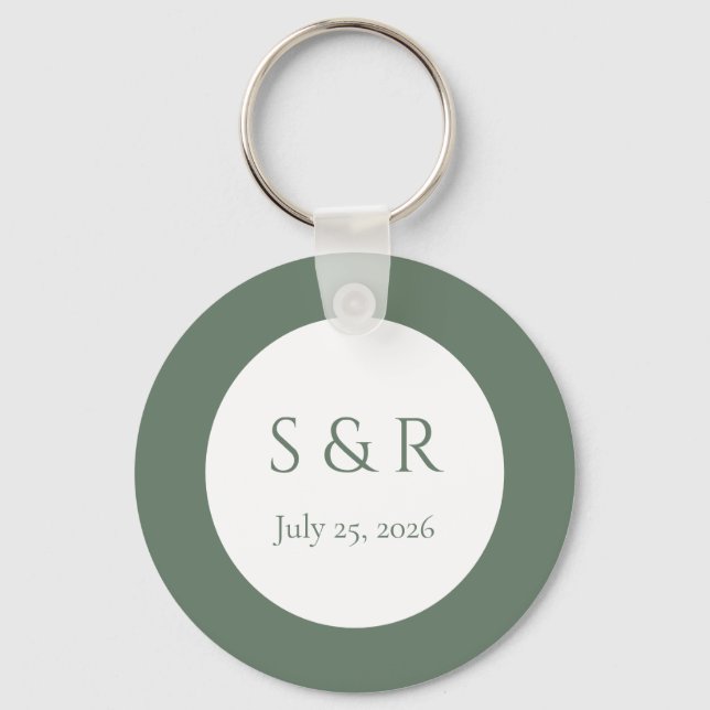 Modern Sage Green Minimal Monogram Wedding Favour  Keychain (Front)