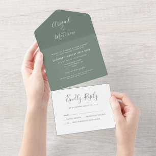 Modern Sage Green Minimalist Handwriting Wedding All In One Invitation