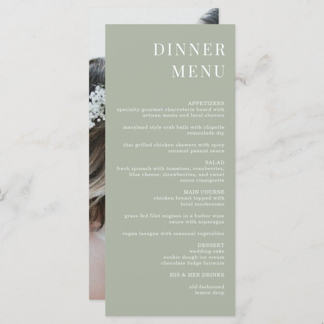 Modern Sage Green Minimalist Photo Dinner Menu (Front/Back)