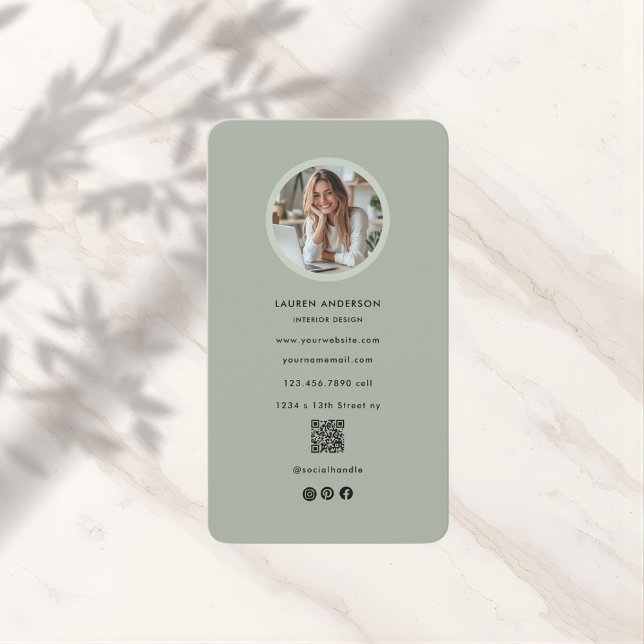 Modern Sage Green Minimalist Photo & QR Code Business Card (Creator Uploaded)