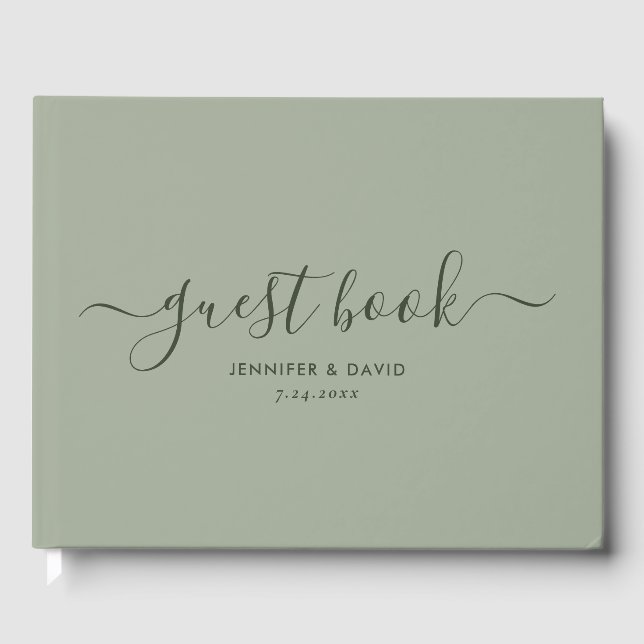 Modern Sage Green Minimalist Script Wedding Guest Book (Front)
