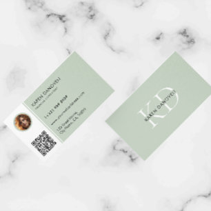 Modern Sage-Green Monogram Custom Photo Business Card