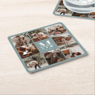 Modern Sage Green  Monogram Family Name &  Photo Square Paper Coaster