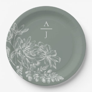 Modern Sage Green Monogram Floral Paper Plate