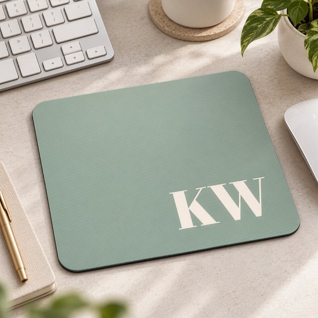 Modern Sage Green Monogram Initials Personalized Mouse Pad (Creator Uploaded)