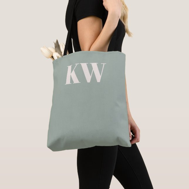 Modern Sage Green Monogram Initials Personalized Tote Bag (Close Up)