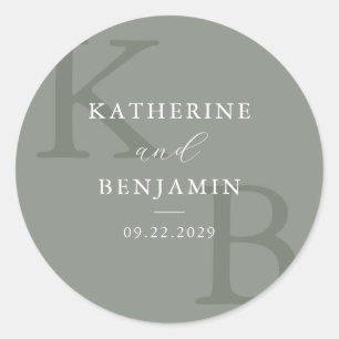Modern Sage Green Monogram Minimalist Wedding Classic Round Sticker