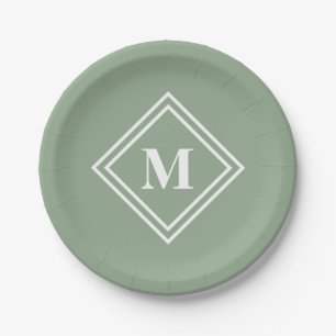 Modern Sage Green Monogram Paper Plate