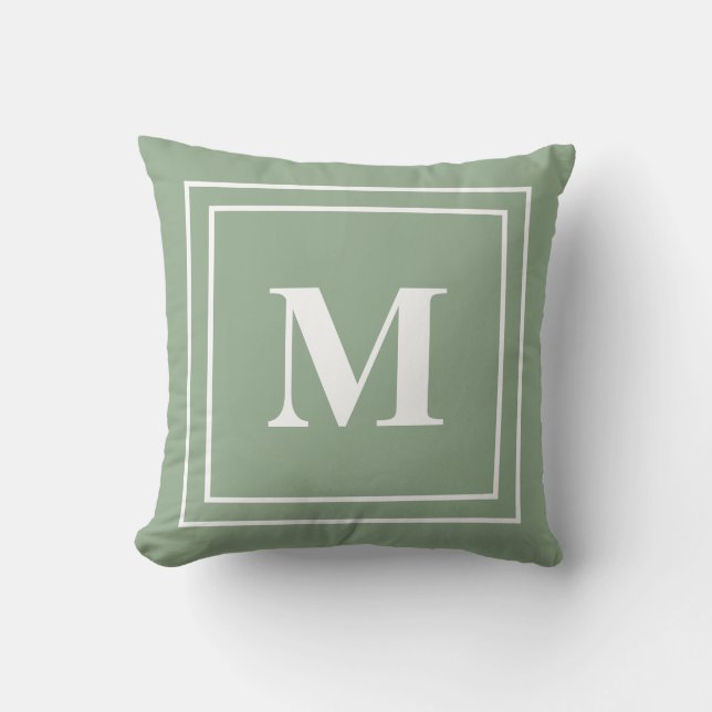 Modern Sage Green Monogram Throw Pillow (Front)