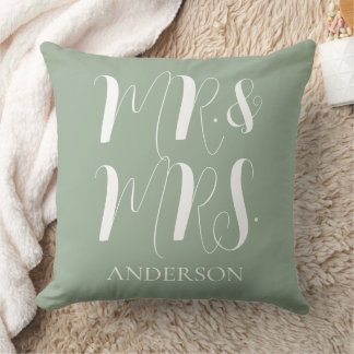 Modern Sage green Mr and Mrs Script Wedding Throw Pillow