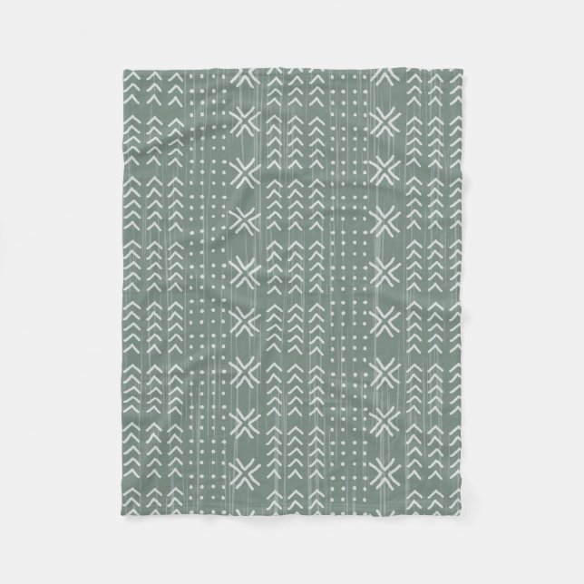 Modern Sage Green Mud cloth African Pattern Fleece Blanket (Front)