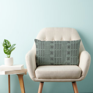 Modern Sage Green Mudcloth African Pattern Lumbar Pillow