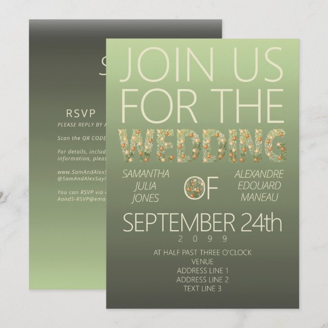Modern Sage Green Ombre Floral Greenery Wedding Invitation (Front/Back)