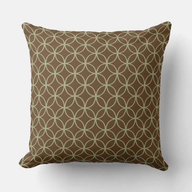 Modern Sage Green On Chocolate Brown Circles Throw Pillow (Front)