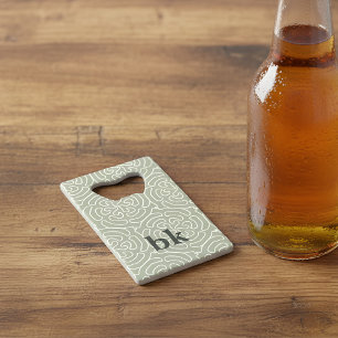 Modern sage green pattern monogrammed credit card bottle opener