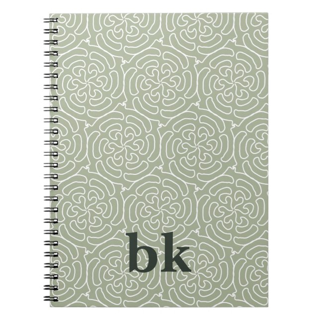 Modern sage green pattern monogrammed notebook (Front)