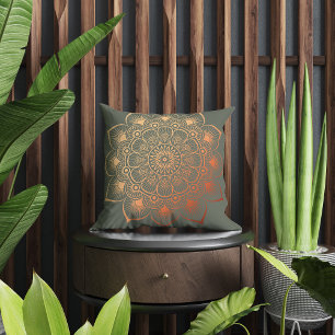 Modern Sage Green Peach Mandala Throw Pillow