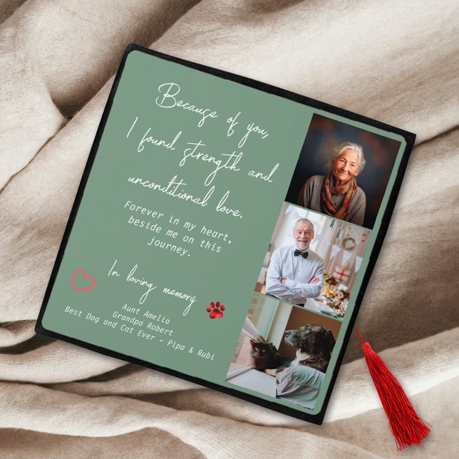 Modern Sage Green Personalized 3 Photo Memorial Graduation Cap Topper (Creator Uploaded)