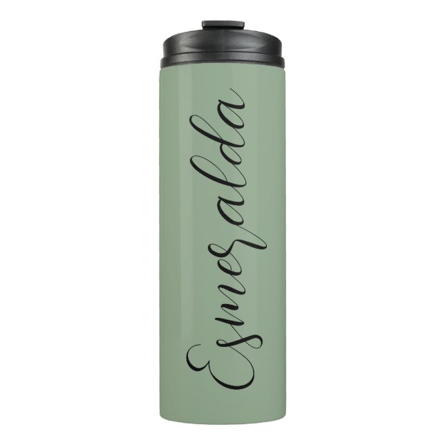 Modern Sage Green Personalized Black Typography Thermal Tumbler (Front)
