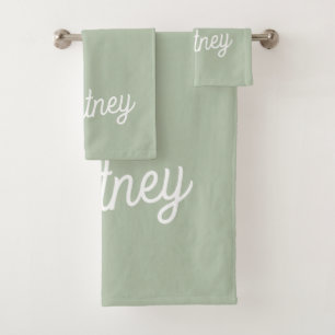 Modern Sage Green Personalized Monogram and Name  Bath Towel Set