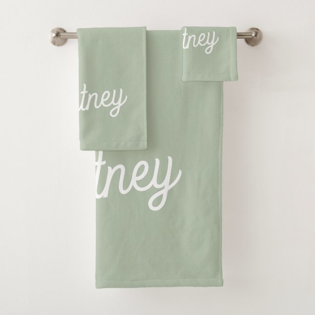 Modern Sage Green Personalized Monogram and Name  Bath Towel Set (Insitu)