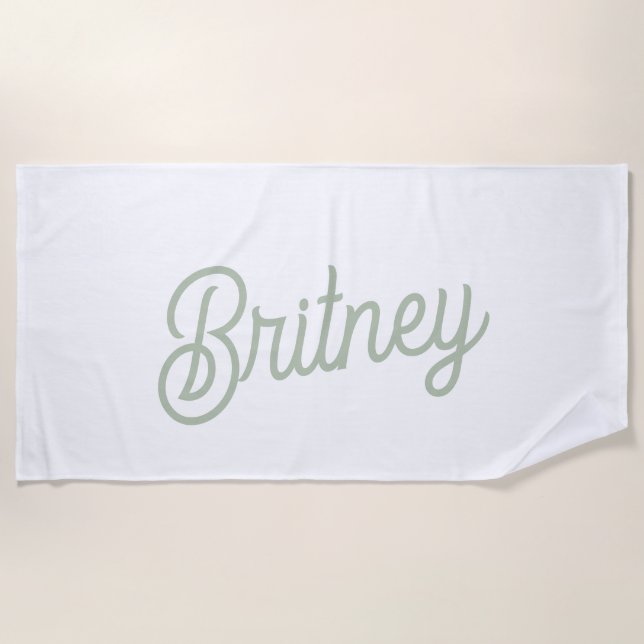 Modern Sage Green Personalized Monogram and Name  Beach Towel (Front)