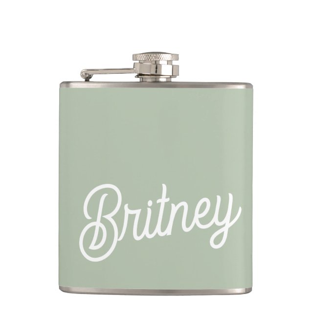 Modern Sage Green Personalized Monogram and Name  Hip Flask (Front)