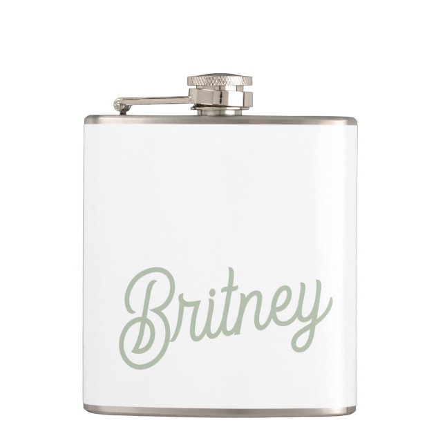 Modern Sage Green Personalized Monogram and Name  Hip Flask (Front)