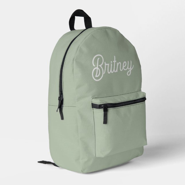 Modern Sage Green Personalized Monogram and Name  Printed Backpack (Back Corner Left)