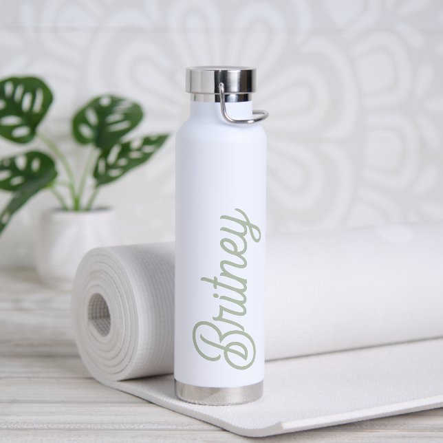 Modern Sage Green Personalized Monogram and Name  Water Bottle (Yoga)