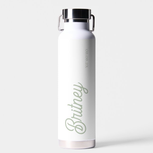 Modern Sage Green Personalized Monogram and Name  Water Bottle (Front)
