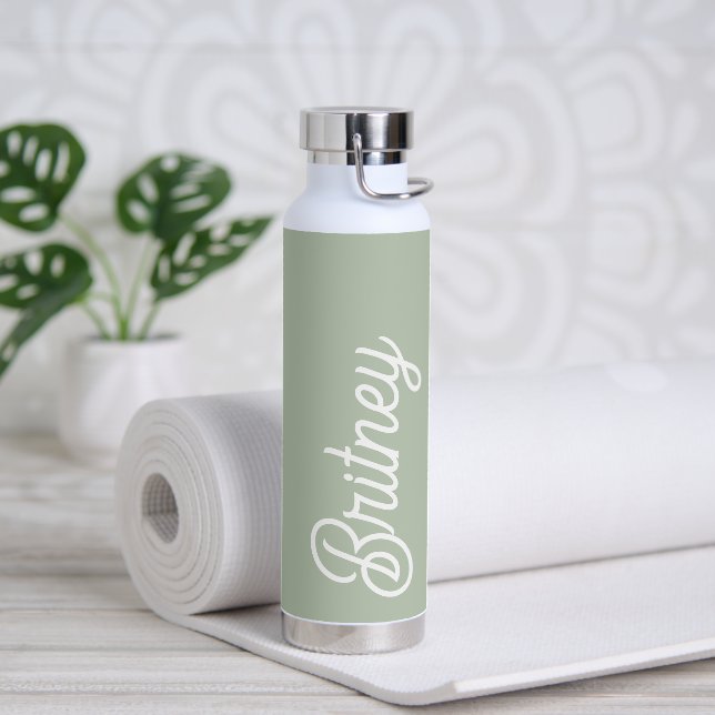 Modern Sage Green Personalized Monogram and Name  Water Bottle (Yoga)
