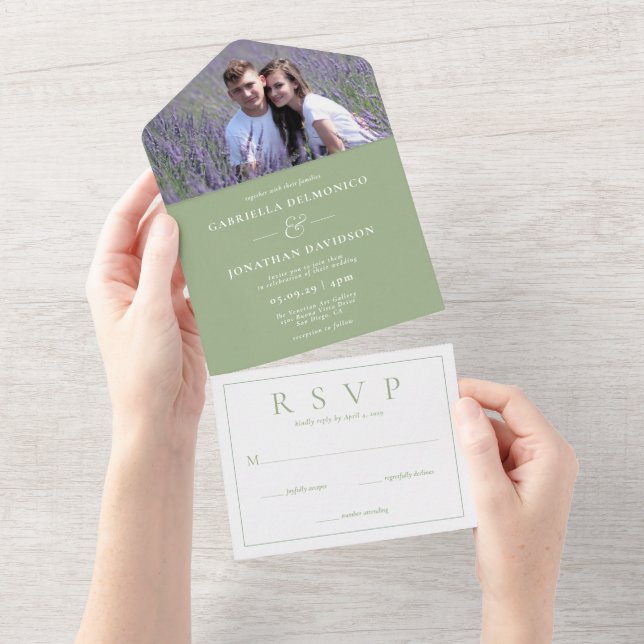 Modern Sage Green Photo Wedding RSVP  All In One Invitation (Tearaway)