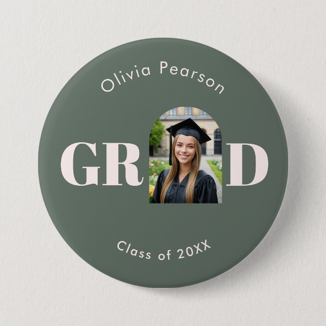 Modern Sage Green Pink Arch Photo Graduation 3 Inch Round Button (Front)