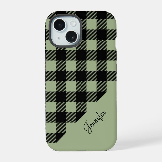 Modern Sage Green Plaid Check Pattern Name iPhone 15 Case (Back)
