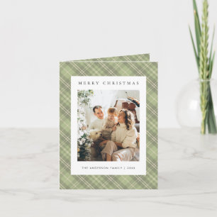 Modern Sage Green Plaid Family Photo Christmas Holiday Card