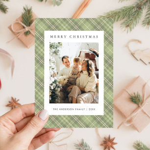 Modern Sage Green Plaid Family Photo Christmas Holiday Card
