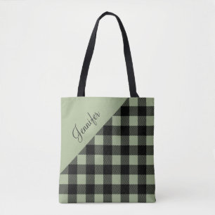 Modern Sage Green Plaid Pattern Name Tote Bag
