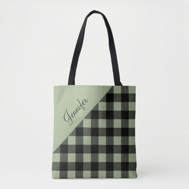 Modern Sage Green Plaid Pattern Name Tote Bag (Front)