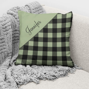 Modern Sage Green Plaid Throw Pillow