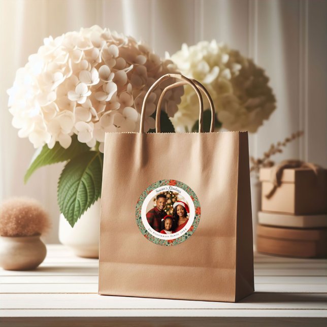 Modern Sage Green Poinsettia Botanical Christmas Classic Round Sticker (Poinsettia Season Round Christmas Photo Sticker sage green)