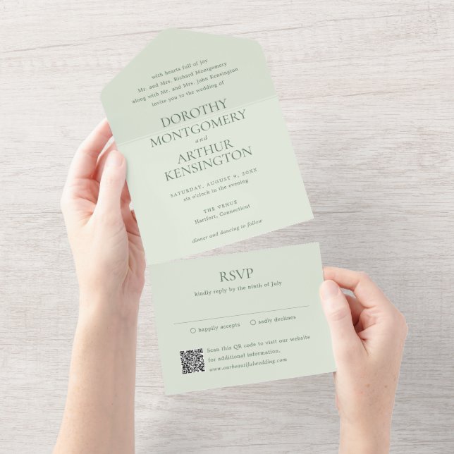 Modern Sage Green QR Code Elegant Wedding All In One Invitation (Tearaway)