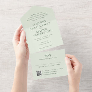 Modern Sage Green QR Code Elegant Wedding All In One Invitation