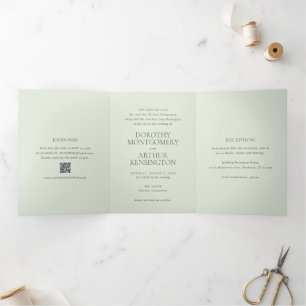 Modern Sage Green QR Code Elegant Wedding Tri-Fold Invitation