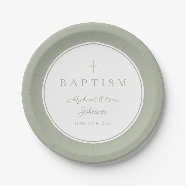 Modern Sage Green Religious Cross Baptism Paper Plate (Front)