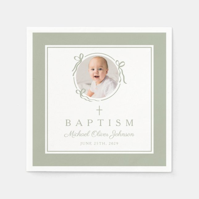 Modern Sage Green Religious Cross Boy Baptism Napkin (Front)