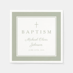 Modern Sage Green Religious Cross Boy Baptism Napkin
